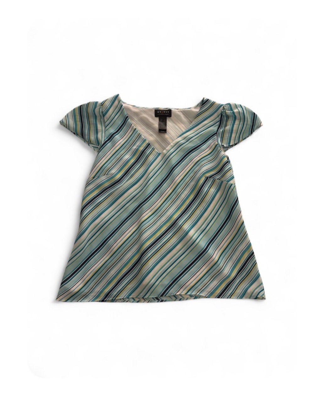 Vintage Y2K Axcess by Liz Claiborne Blue/Green/White Diagonal Striped V-Neck Top